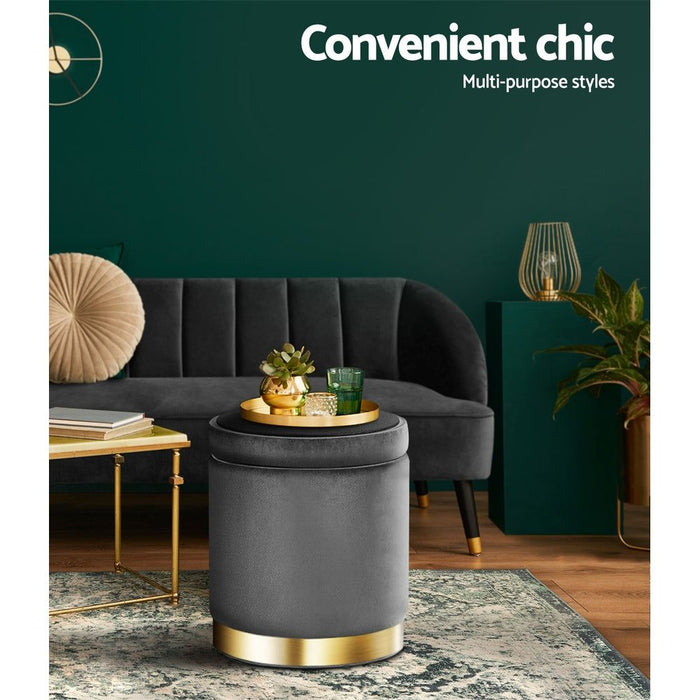 Artiss Ottoman Storage Foot Stool Round Velvet Charcoal -Home Living Store - -  
