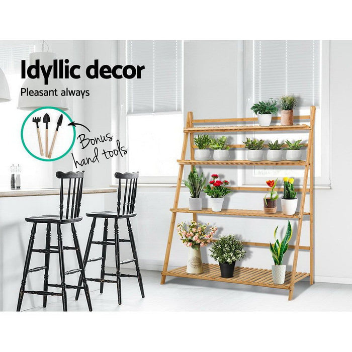 Artiss Plant Stand 4 Tier Bamboo Slat Flower Pot Shelf Pine -Home Living Store - -  