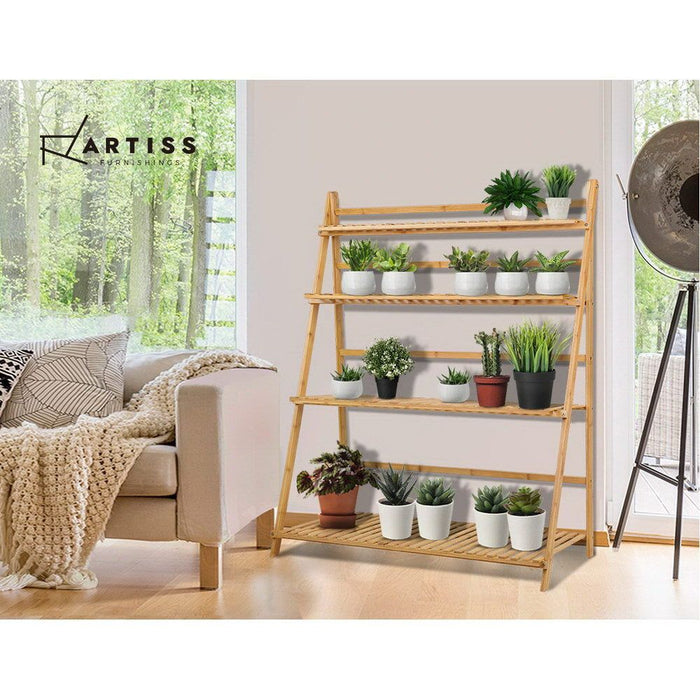 Artiss Plant Stand 4 Tier Bamboo Slat Flower Pot Shelf Pine -Home Living Store - -  