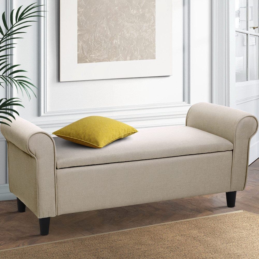 Artiss Storage Ottoman Blanket Box 125cm Arm Linen Taupe Home Living Store