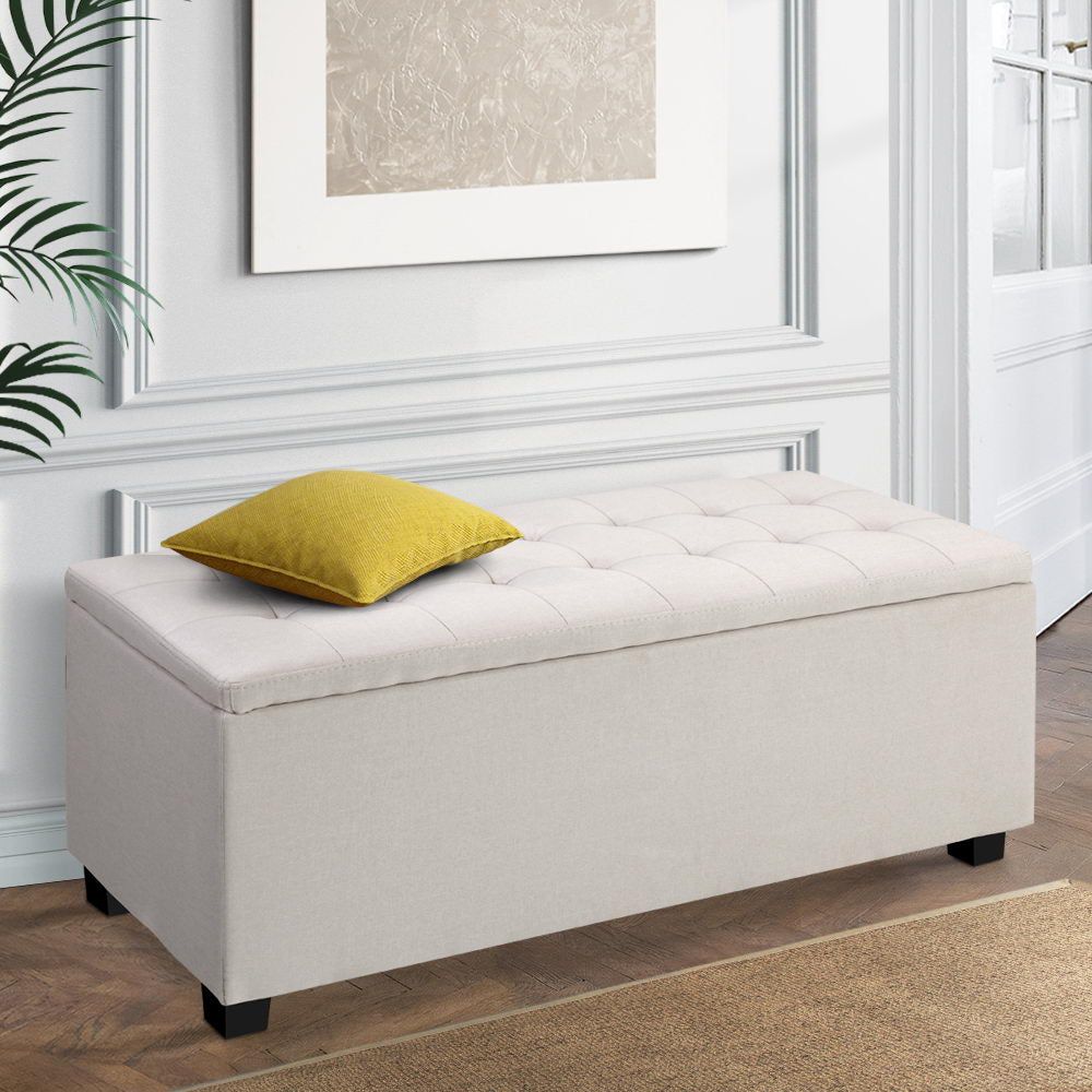 Artiss Storage Ottoman Blanket Box 97cm Linen Beige Home Living Store