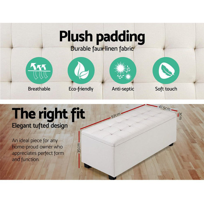 Artiss Storage Ottoman Blanket Box 97cm Linen Beige -Home Living Store - -  