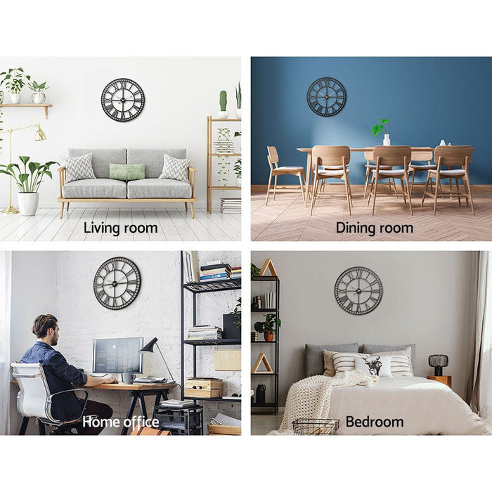 Artiss Wall Clock 60CM Large Roman Numerals Round Metal Luxury Wall Clocks Home Decor Black -Home Living Store - -  