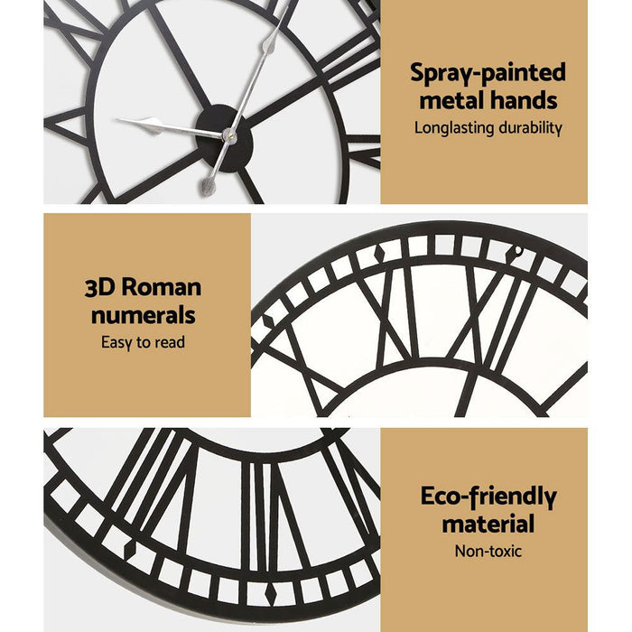Artiss Wall Clock 60CM Large Roman Numerals Round Metal Luxury Wall Clocks Home Decor Black -Home Living Store - -  