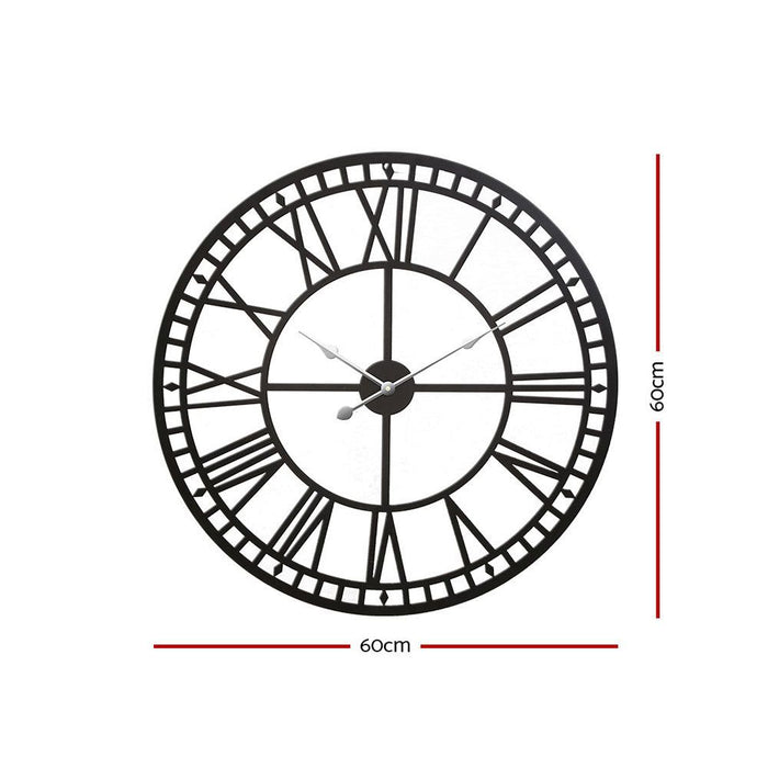Artiss Wall Clock 60CM Large Roman Numerals Round Metal Luxury Wall Clocks Home Decor Black -Home Living Store - -  