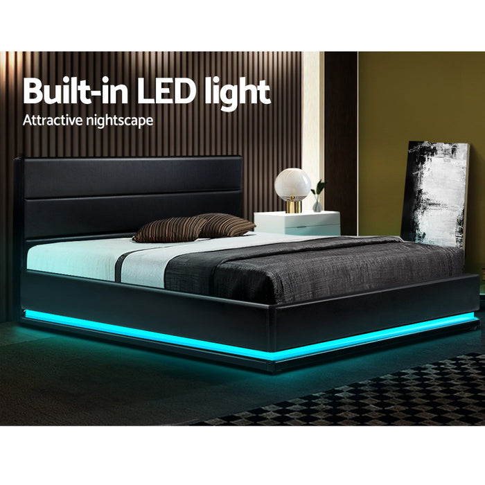 Artiss Bed Frame King Size LED Gas Lift Black LUMI