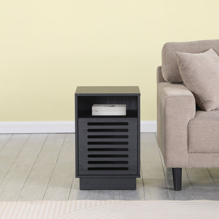 Tauris BURBANKETBO Side Table – Black Oak Finish with Slotted Door & Storage Shelves