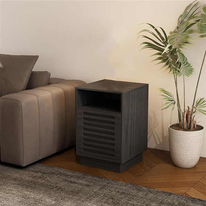Tauris BURBANKETBO Side Table – Black Oak Finish with Slotted Door & Storage Shelves