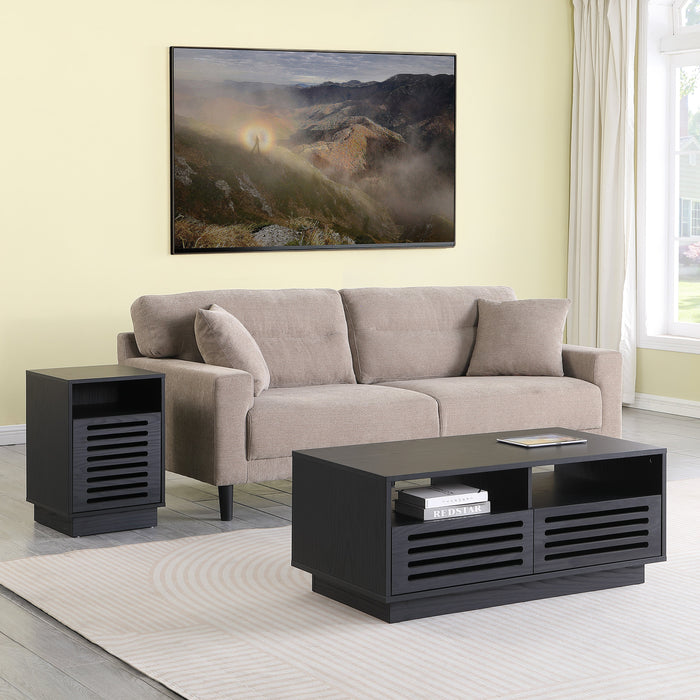 Tauris BURBANKETBO Side Table – Black Oak Finish with Slotted Door & Storage Shelves