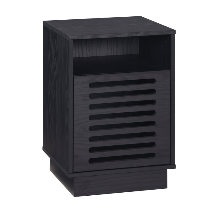 Tauris BURBANKETBO Side Table – Black Oak Finish with Slotted Door & Storage Shelves