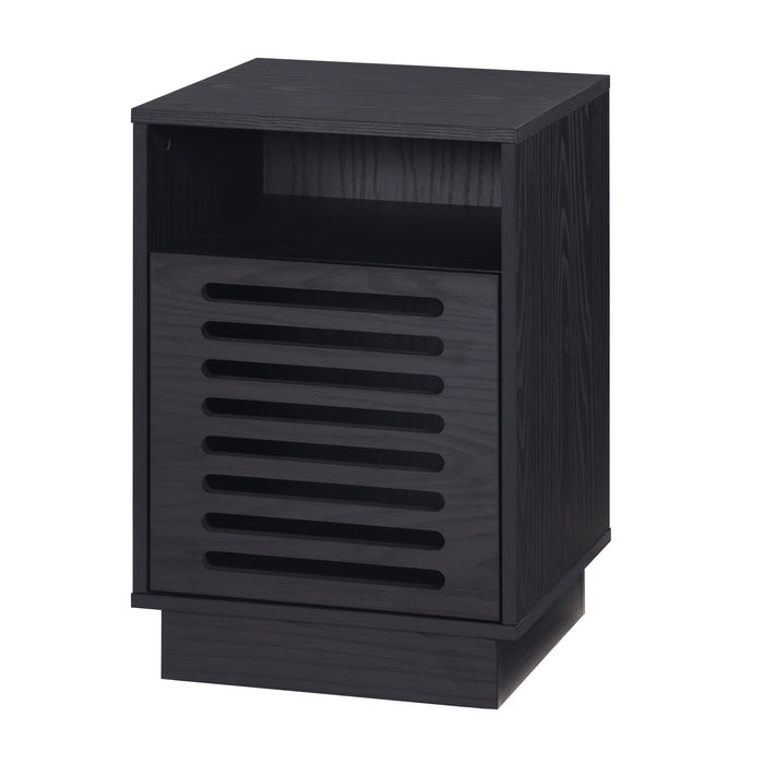 Tauris BURBANKETBO Side Table – Black Oak Finish with Slotted Door & Storage Shelves
