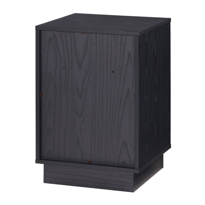 Tauris BURBANKETBO Side Table – Black Oak Finish with Slotted Door & Storage Shelves