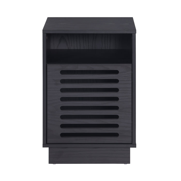 Tauris BURBANKETBO Side Table – Black Oak Finish with Slotted Door & Storage Shelves