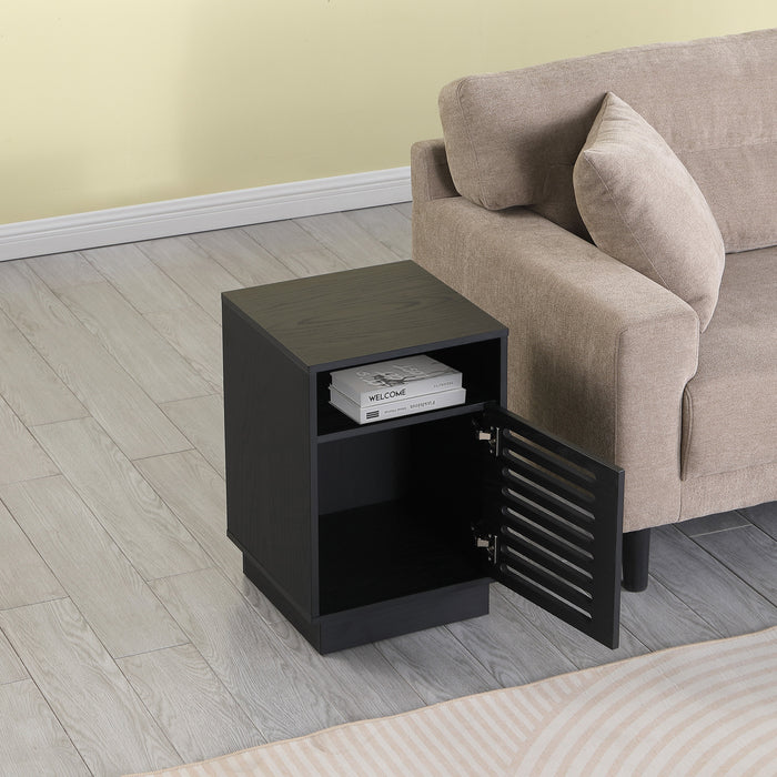 Tauris BURBANKETBO Side Table – Black Oak Finish with Slotted Door & Storage Shelves