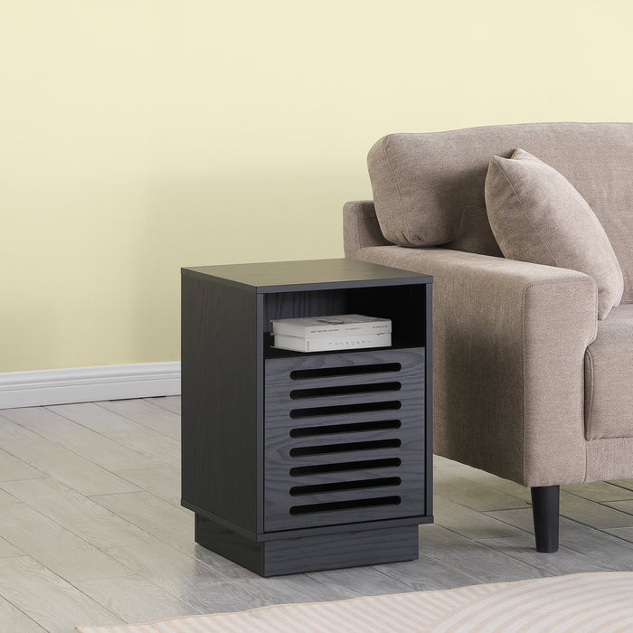Tauris BURBANKETBO Side Table – Black Oak Finish with Slotted Door & Storage Shelves