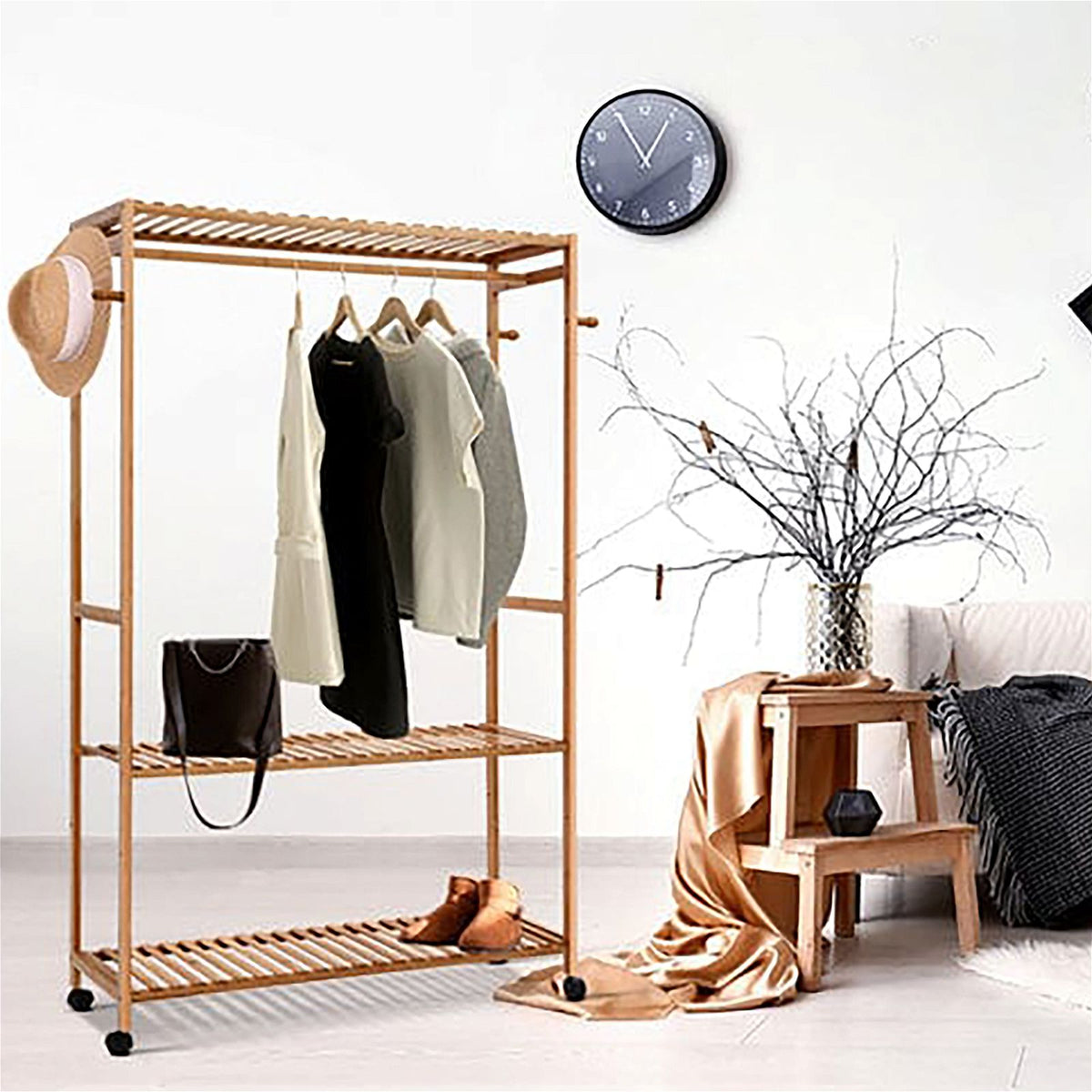 Bamboo Clothes Rack Coat Stand Garment Hanger Wardrobe Portable Air er Home Living Store