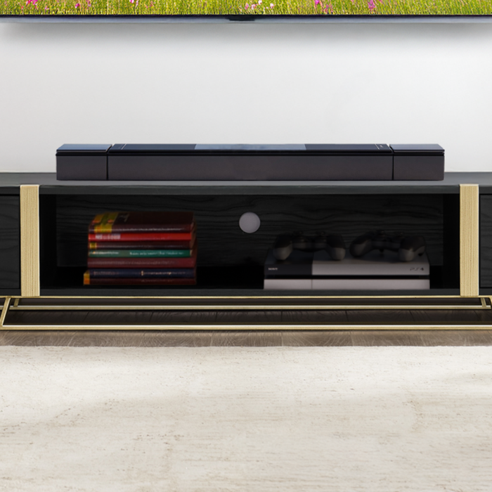 Capri TV Unit, Entertainment Cabinet 2000mm Low Line Black Oak Gold by Criterion