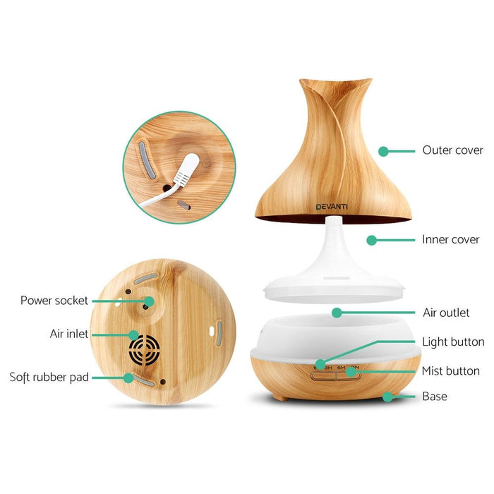 Devanti 400ml 4 in 1 Aroma Diffuser remote control - Light Wood -Home Living Store - -  