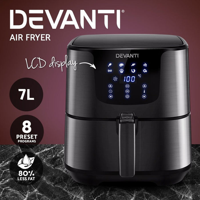 Devanti Air Fryer 7L LCD Fryers Oven Airfryer Kitchen Healthy Cooker Stainless Steel -Home Living Store - -  