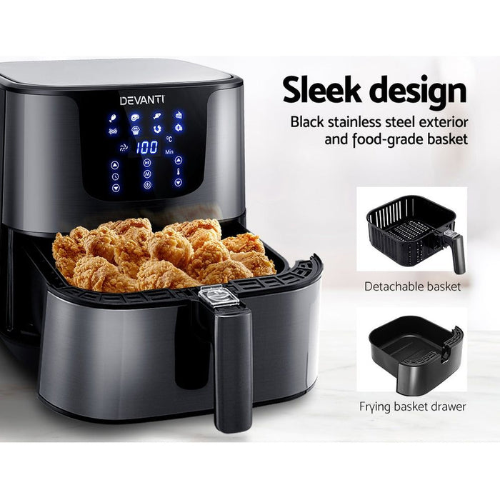 Devanti Air Fryer 7L LCD Fryers Oven Airfryer Kitchen Healthy Cooker Stainless Steel -Home Living Store - -  