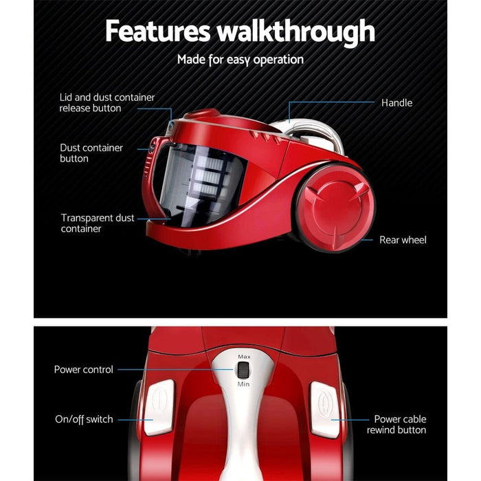 Devanti Bagless Vacuum Cleaner Cleaners Cyclone Cyclonic Vac HEPA Filter Car Home Office 2200W Red -Home Living Store - -  