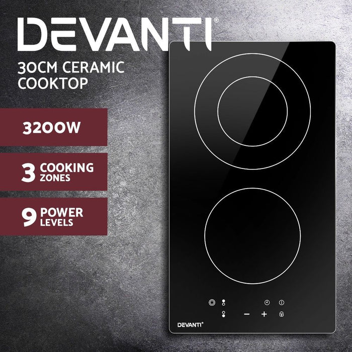 Devanti Electric Ceramic Cooktop 30cm Kitchen Cooker Cook Top Hob Touch Control 3-Zones -Home Living Store - -  
