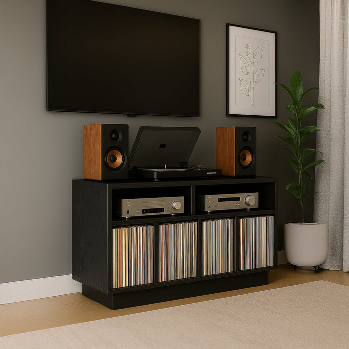 EDISON Media Stand 1200mm, Vinyl Record Storage & Component Cabinet in Black Oak Finish by Tauris