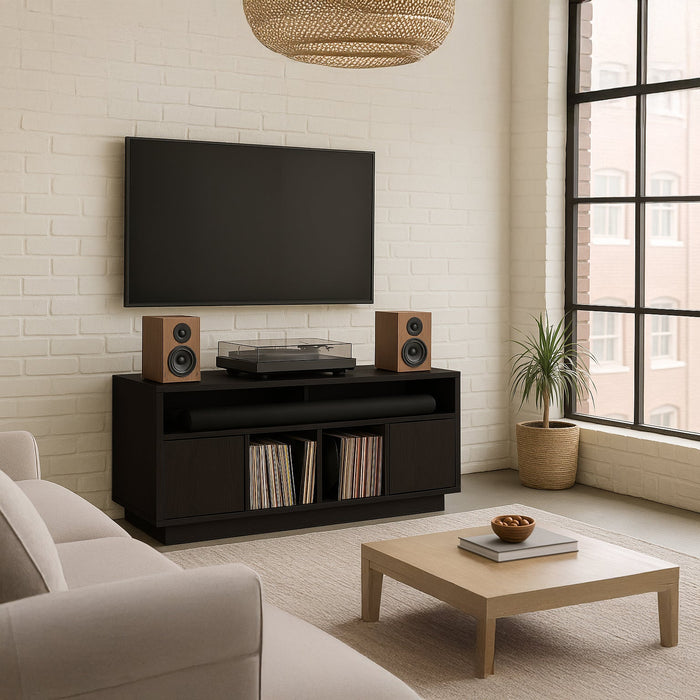 EDISON Media Stand 1400mm, Vinyl Record & Component Storage with Cupboards, Black Oak Finish by Tauris