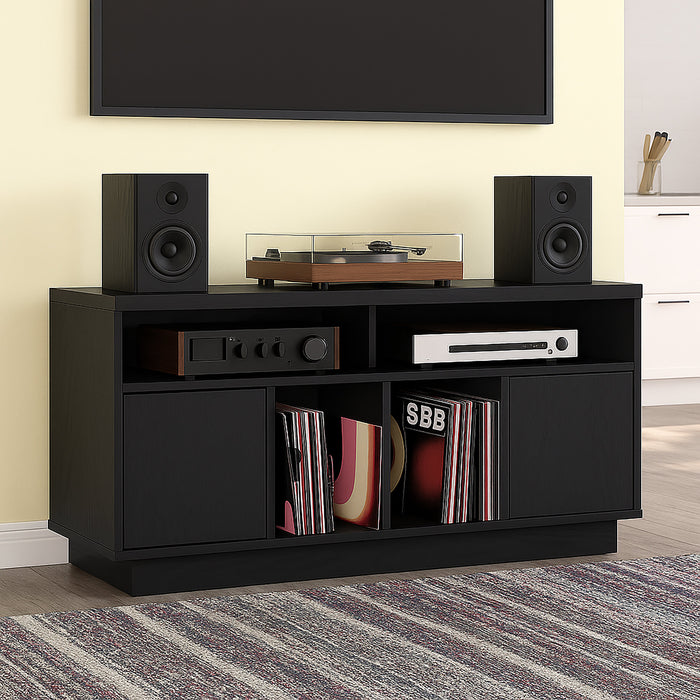 EDISON Media Stand 1400mm, Vinyl Record & Component Storage with Cupboards, Black Oak Finish by Tauris