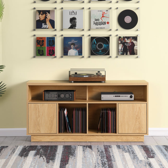 EDISON Media Stand 1400mm, Vinyl Record & Component Storage with Cupboards, Red Oak Finish by Tauris