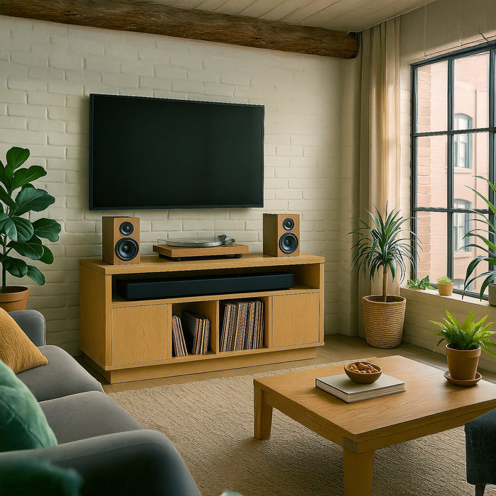 EDISON Media Stand 1400mm, Vinyl Record & Component Storage with Cupboards, Red Oak Finish by Tauris