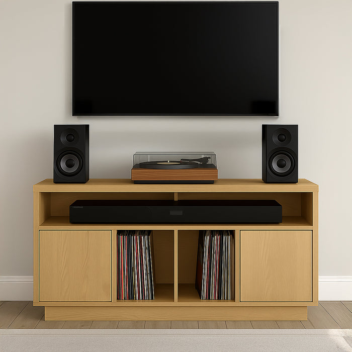 EDISON Media Stand 1400mm, Vinyl Record & Component Storage with Cupboards, Red Oak Finish by Tauris