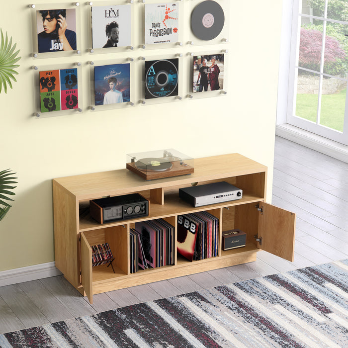 EDISON Media Stand 1400mm, Vinyl Record & Component Storage with Cupboards, Red Oak Finish by Tauris