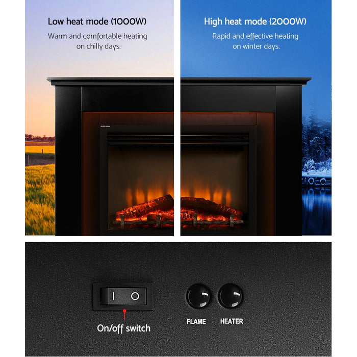 2000W Electric Fireplace Mantle Portable Fire Log Wood Heater 3D Flame Effect Black