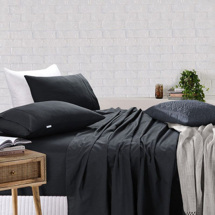 Elan Linen 100% Egyptian Cotton Vintage Washed 500TC Charcoal 50 cm Deep Mega Queen SIze Bed Sheets Set -Home Living Store - -  