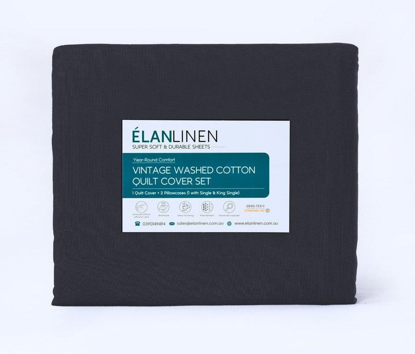 Elan Linen 100% Egyptian Cotton Vintage Washed 500TC Charcoal 50 cm Deep Mega Queen SIze Bed Sheets Set -Home Living Store - -  