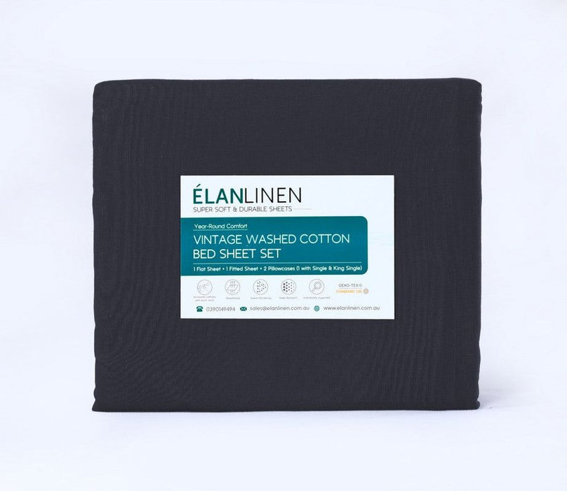 Elan Linen 100% Egyptian Cotton Vintage Washed 500TC Charcoal 50 cm Deep Mega Queen SIze Bed Sheets Set -Home Living Store - -  