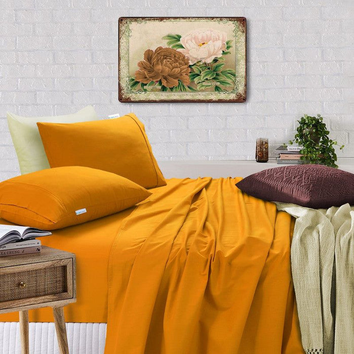 Elan Linen 100% Egyptian Cotton Vintage Washed 500TC Mustard 50 cm Deep Mega Queen Bed Sheets Set -Home Living Store - -  
