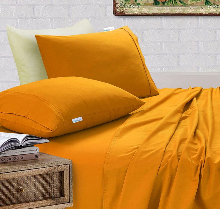 Elan Linen 100% Egyptian Cotton Vintage Washed 500TC Mustard Double Bed Sheets Set -Home Living Store - -  