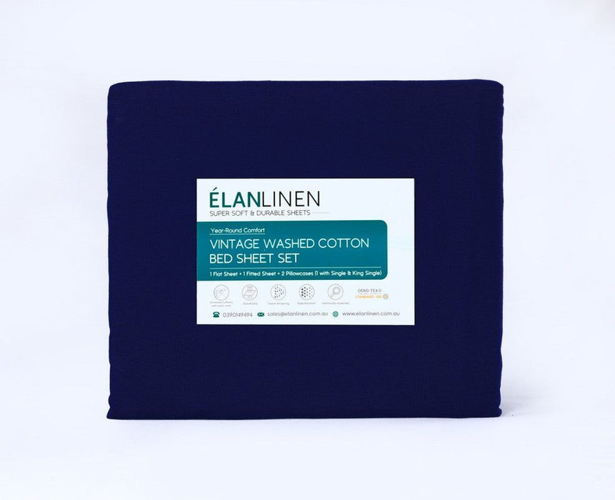 Elan Linen 100% Egyptian Cotton Vintage Washed 500TC Navy Blue 50 cm Deep Mega Queen Bed Sheets Set -Home Living Store - -  