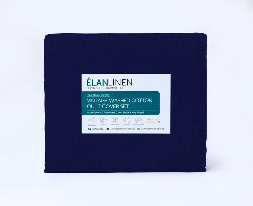 Elan Linen 100% Egyptian Cotton Vintage Washed 500TC Navy Blue 50 cm Deep Mega Queen Bed Sheets Set -Home Living Store - -  