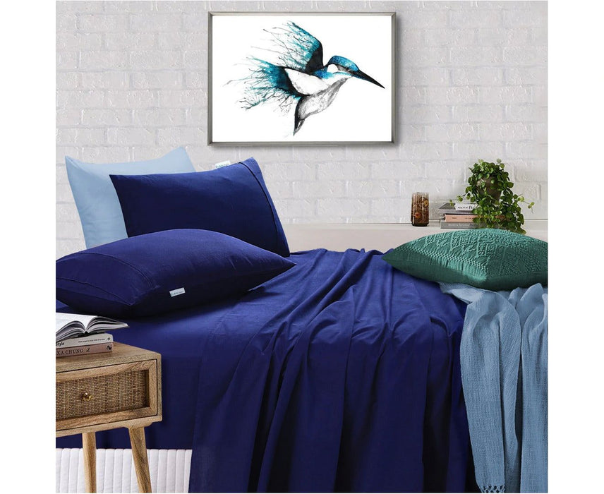 Elan Linen 100% Egyptian Cotton Vintage Washed 500TC Navy Blue Single Bed Sheets Set -Home Living Store - -  