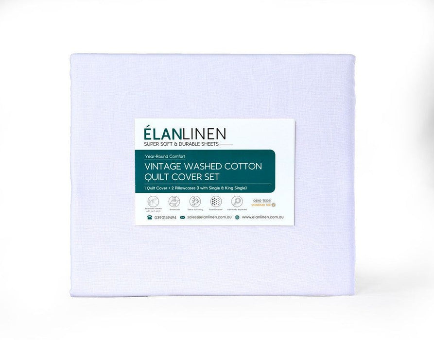 Elan Linen 100% Egyptian Cotton Vintage Washed 500TC White Double Bed Sheets Set -Home Living Store - -  