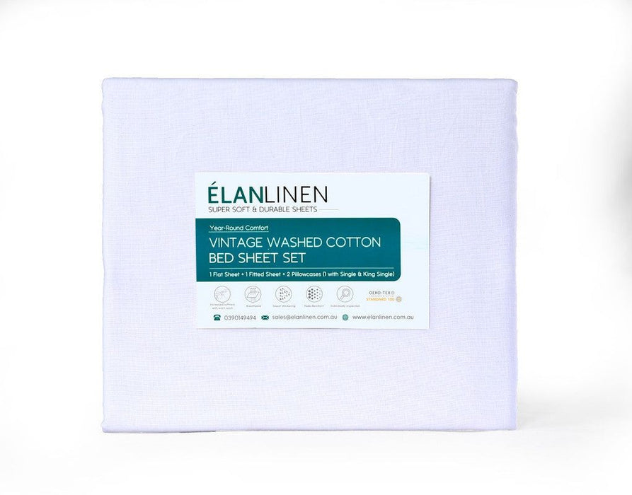 Elan Linen 100% Egyptian Cotton Vintage Washed 500TC White Double Bed Sheets Set -Home Living Store - -  