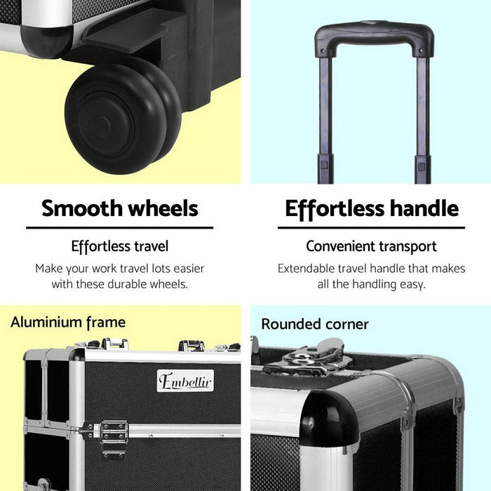 Embellir Makeup Case Beauty Trolley Cosmetic Organiser Box Travel Wheels Black -Home Living Store - -  