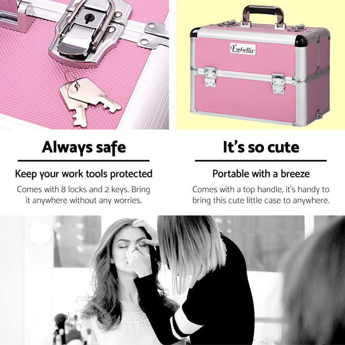 Embellir Makeup Case Beauty Trolley Cosmetic Organiser Box Travel Wheels Pink -Home Living Store - -  