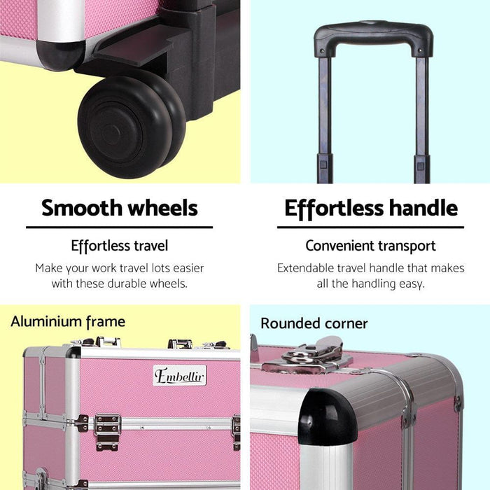 Embellir Makeup Case Beauty Trolley Cosmetic Organiser Box Travel Wheels Pink -Home Living Store - -  