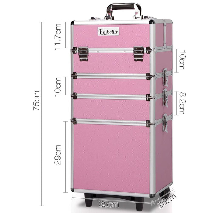 Embellir Makeup Case Beauty Trolley Cosmetic Organiser Box Travel Wheels Pink -Home Living Store - -  