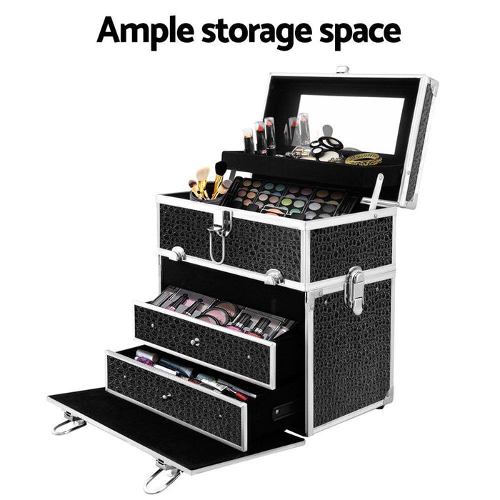 Embellir Portable Cosmetic Beauty Makeup Carry Case with Mirror - Crocodile Black -Home Living Store - -  