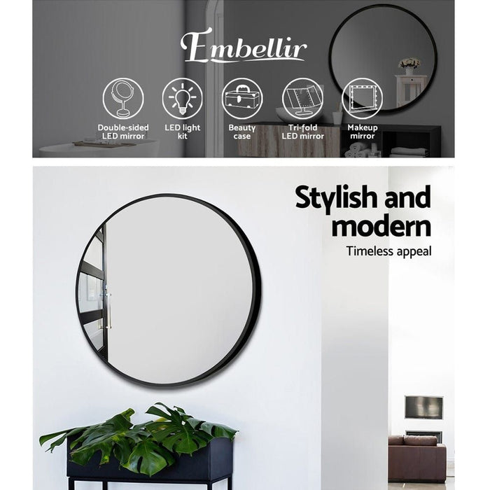 Embellir Wall Mirror Makeup 70cm Home Decor Framed Mirrors Bathroom Round Black -Home Living Store - -  